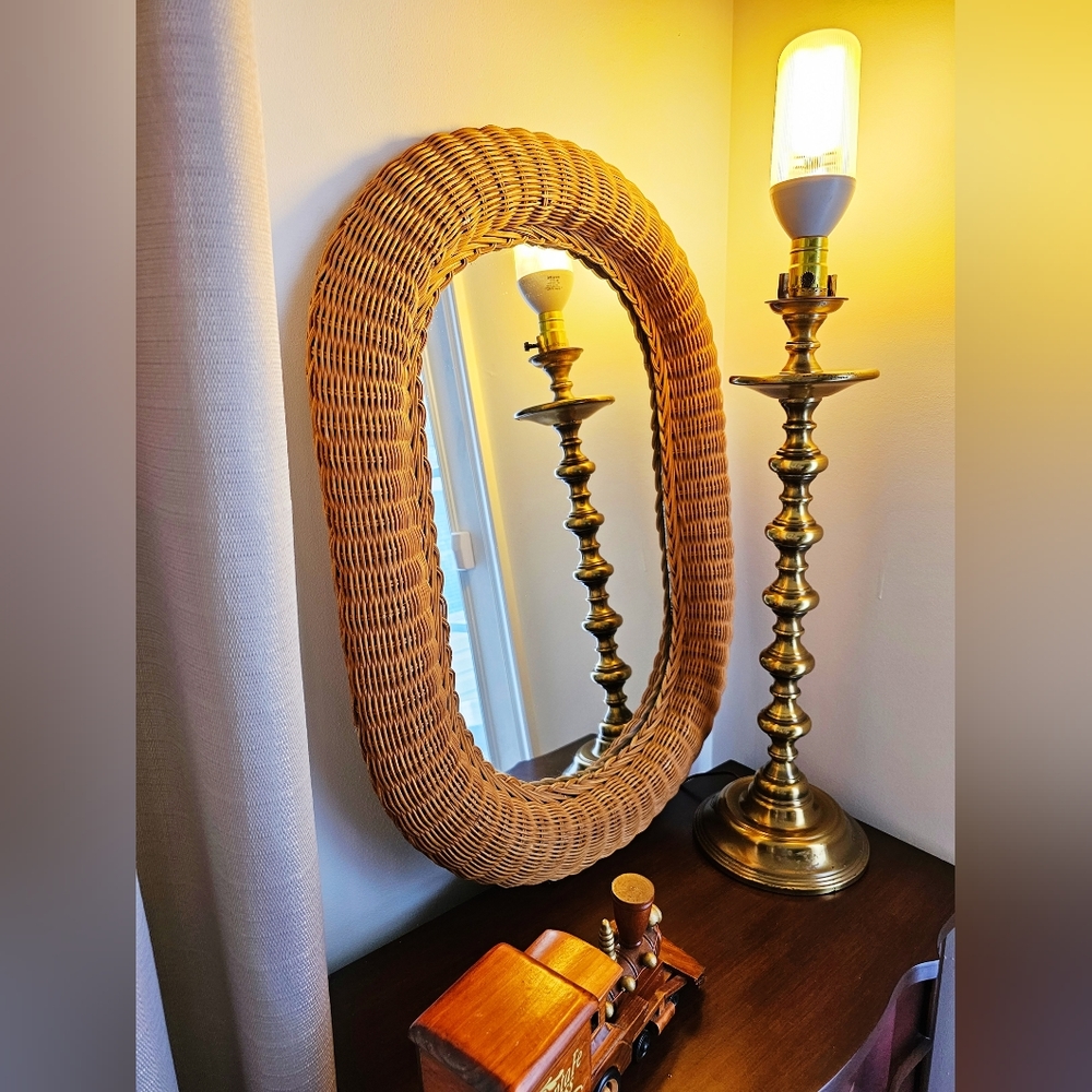 Vintage Mid Century Boho Wicker Rattan Oval Wall Mirror Large Caramel Frame
